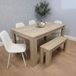 Wooden Dining Table Set for 6 Oak Effect Table With 4 Cream Gem Patterned Chairs and 1 Bench