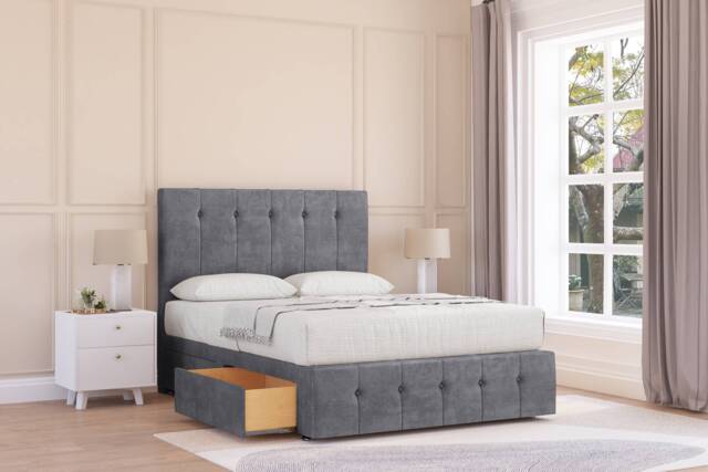"Sloomy Cambridge Armour Coniston Divan Bed With Mattress 2 Drawers Left Side With 54"" Floor Standing Headboard & 12"" Matching Footboard 4' Small Double Grey Armour Small Double 1"