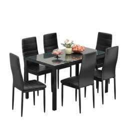 Black Glass Dining Table set with 6 Black Faux Leather Chairs Home Kitchen Dining Furniture