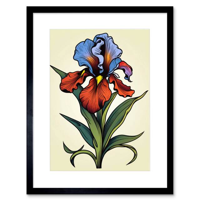 "Iris Flower Old School USA Tattoo Body Americana 50s 9x7"" Black Framed Wall Art Print"