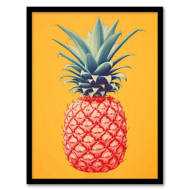 Pineapple Bold Vibrant Rich Red On Yellow Black Framed Wall Art Print A4