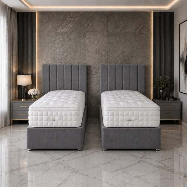 6ft Superking Zip Link 6x3 Length Grey Plush Divan Bed Full Set No Drawers