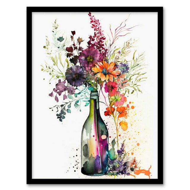 Wine Bottle Flowers Watercolour Orange Pink Black Framed Wall Art Print A4