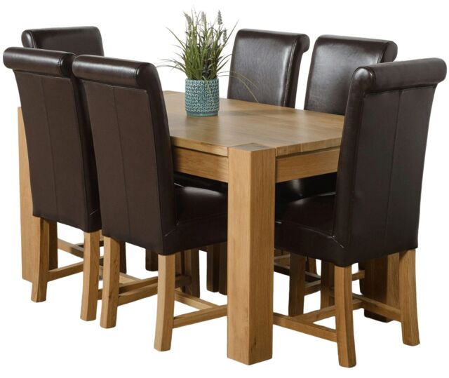 Kuba 150 x 85 cm Medium Oak Dining Table and 6 Washington Leather Chairs Brown Brown