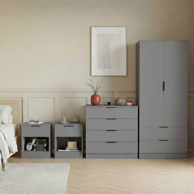 Vida Designs Trega 4 Piece Bedroom Set (1 Drawer Bedside Chest x2, 4 Drawer Chest, 2 Door 2 Drawer Wardrobe) Grey