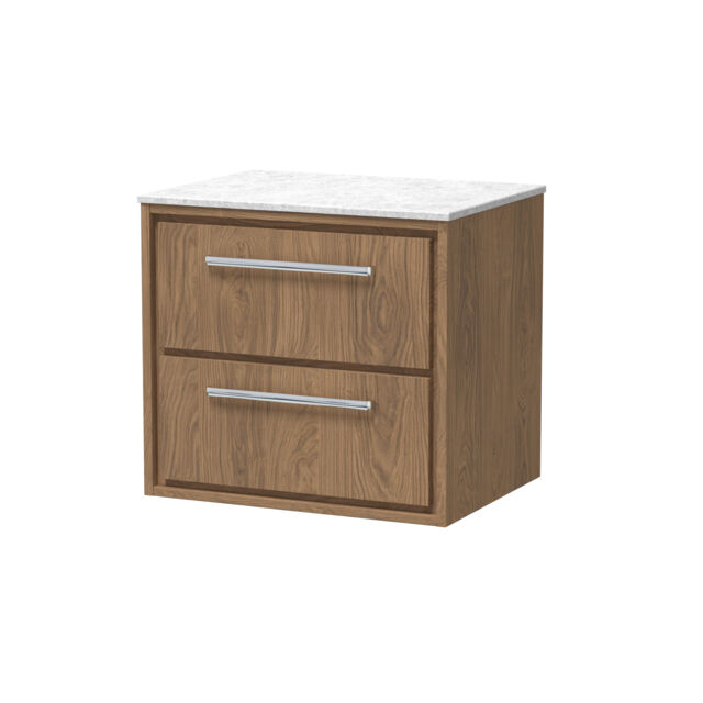 Balterley Longnor 2 Drawer Wall Hung Vanity Unit with White Marble Worktop, Antique Oak, 600mm