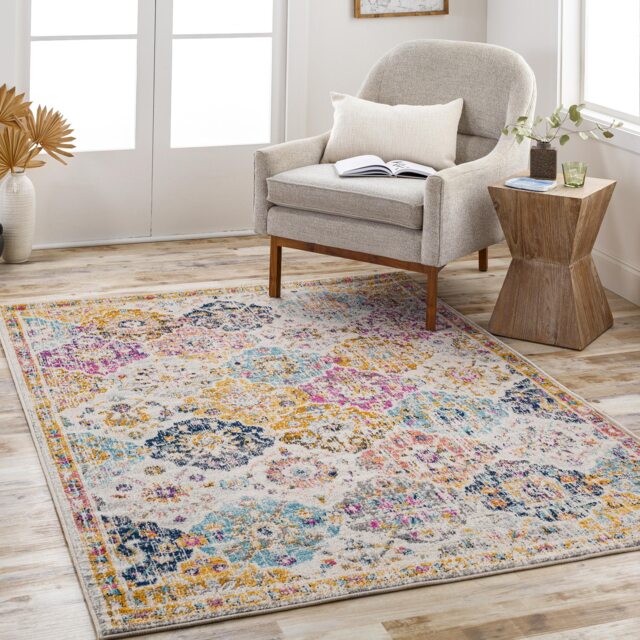 LIVABLISS Harput-Vintage Traditional Boho Square Rug 200 x 200 cm Orange Blue Beige Grey