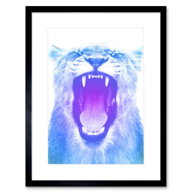 "Lion Roar Blue Purple Modern Big Cat Lover 9x7"" Black Framed Wall Art Print"