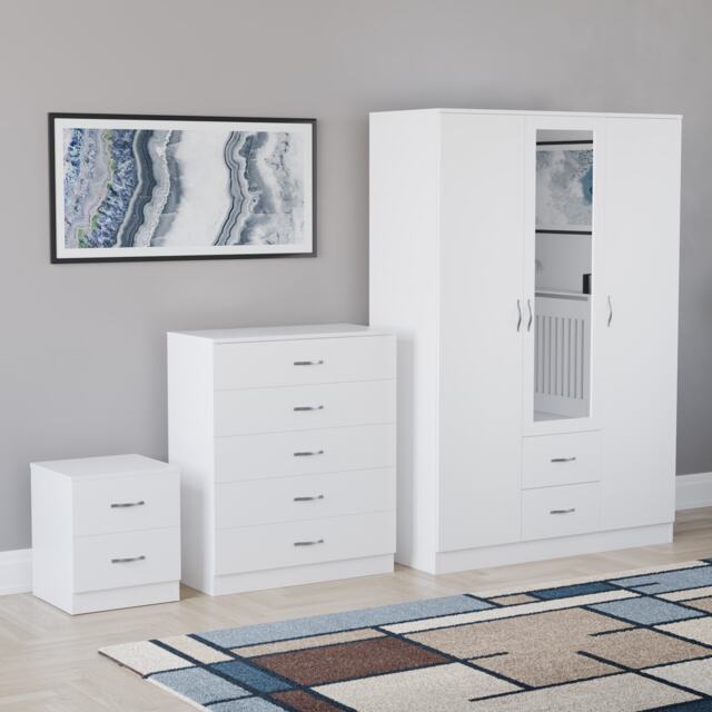 Vida Designs Riano 3 Piece Bedroom Set (2 Drawer Bedside Chest, 5 Drawer Chest, 3 Door 2 Drawer Mirrored Wardrobe) - White