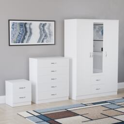 Vida Designs Riano 3 Piece Bedroom Set (2 Drawer Bedside Chest, 5 Drawer Chest, 3 Door 2 Drawer Mirrored Wardrobe) - White