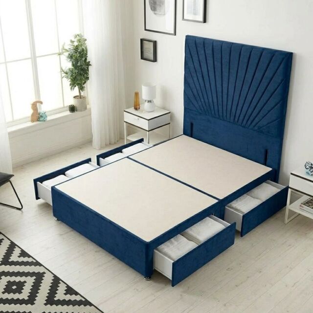 Sunburst Divan Bed with 4 Drawers & 54'' Floor Standing Headboard Plush Velvet Blue Navy