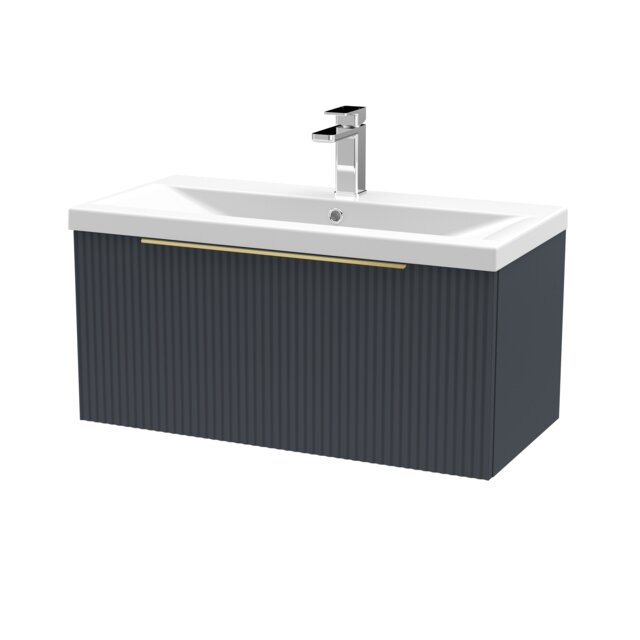 Balterley Fluted Front Wall Hung 1-Drawer Bathroom Vanity Unit with 1 Tap Hole Basin, Handles Grey Soft Black