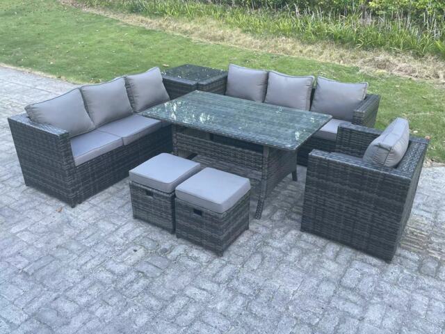 Fimous 9 Seater Outdoor Lounge Sofa Garden Furniture Set Patio Chair Rattan Rectangular Dining Table with Side Table 2 Small Footstool Dark Grey Mixed