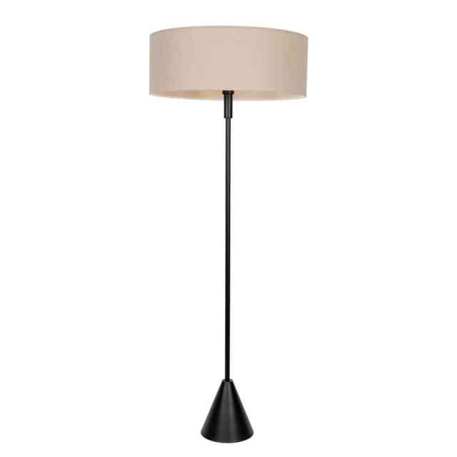 ValueLights Mitch Natural Linen Squat Shade Black Wood Single Stem Triangle Floor Lamp