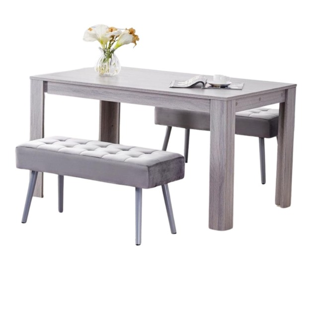 Dining Table and 2 Grey Velvet Benches Wood Table Dining Set Furniture