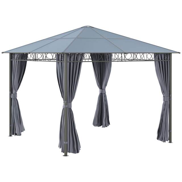 Outsunny 3 x 3(m) Hardtop Gazebo for Garden Party w/ Polycarbonate Curtains Grey Dark Grey 3L x 3W x 2.65H m
