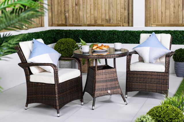 Arizona Round Rattan Garden Bistro Table and Chairs Set 2 Seater Brown Brown