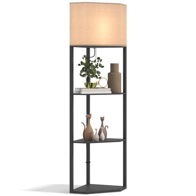 HOMCOM Corner Floor Lamp with Shelves, Modern Tall Standing Lamp with Chain Switch for Living Room, Bedroom, Bulb Not Included, Black
