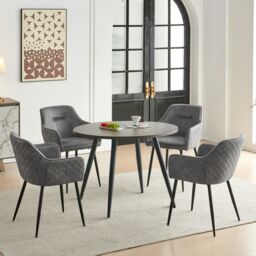 SONARA Dark Walnut Round Dining Table & Faux Suede Chairs, Modern 4 Seater for Dining Room