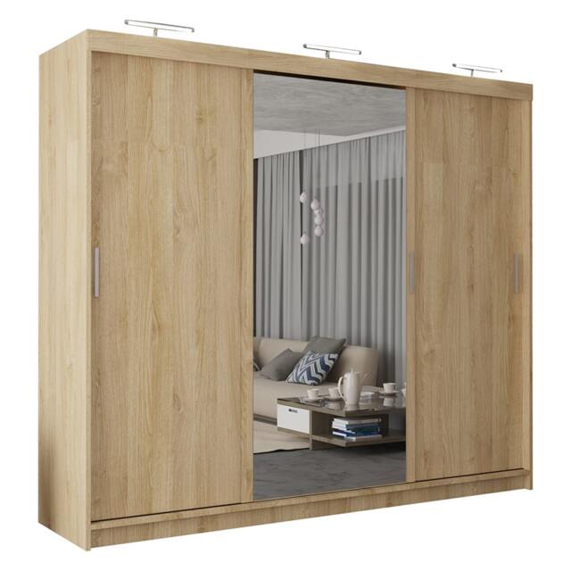 Sliding Wardrobes 4U Modern 3-Door Sliding Wardrobe with Central Mirror & Drawers – 250cm, White, Black, Grey, Oak Brown Oak250cm 250cm