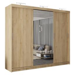 Sliding Wardrobes 4U Modern 3-Door Sliding Wardrobe with Central Mirror & Drawers – 250cm, White, Black, Grey, Oak Brown Oak250cm 250cm