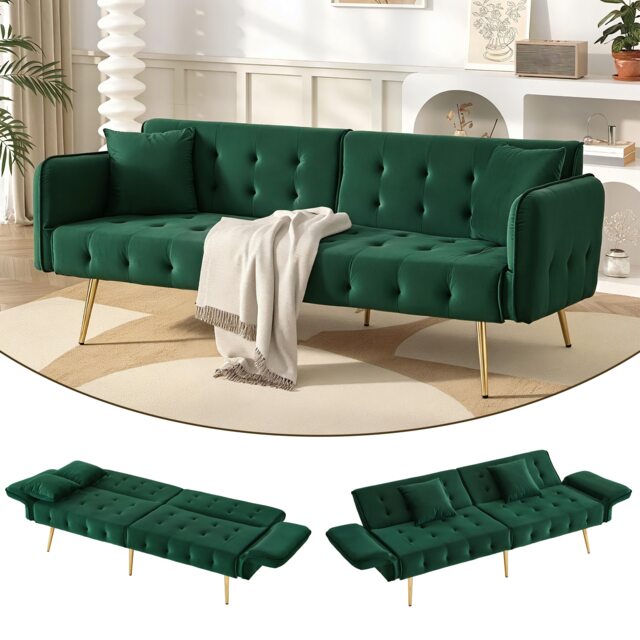 VILUXE 178cm 2 Seater Velvet Sofa Bed with Dual 3-Position Backrests, 6-Position Armrests, 215 x 81.5cm Sleeping Area and Gold-Tone Metal Legs, Green