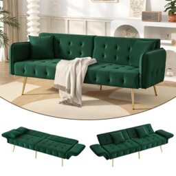 VILUXE 178cm 2 Seater Velvet Sofa Bed with Dual 3-Position Backrests, 6-Position Armrests, 215 x 81.5cm Sleeping Area and Gold-Tone Metal Legs, Green
