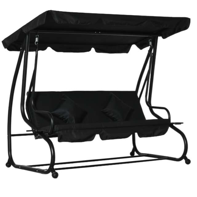 Outsunny 2-in-1 Garden Swing Chair for 3 Person w/ 2 Pillows, Black