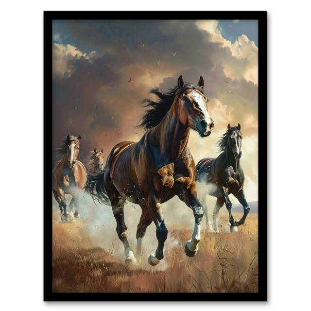 Wild Horses Galloping Field Atmospheric Black Framed Wall Art Print A4