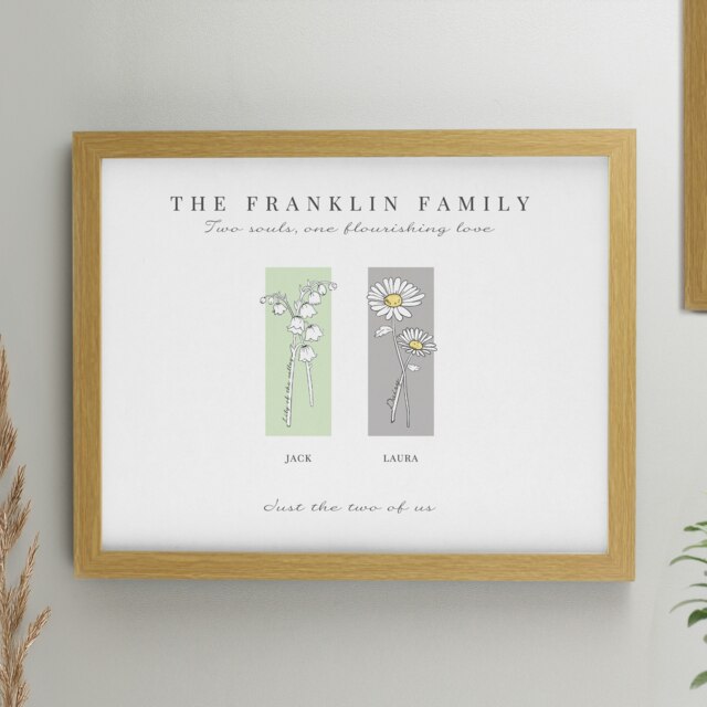 Personalised Birth Flower Family of 2 Oak Framed Print Brown One Size