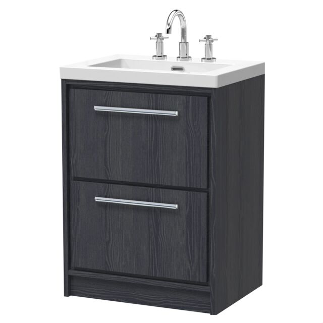 Balterley Longnor 2 Drawer Floor Standing Vanity Unit with 3 Tap Hole Modern Fireclay Basin, Woodgrain Graphite Grey, 600mm