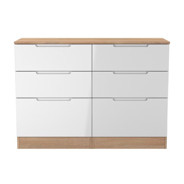 Lucca 6 Drawer Wide Chest of Drawers in White Gloss & Bardolino Oak (Ready Assembled) White White Gloss & Bardolino Oak