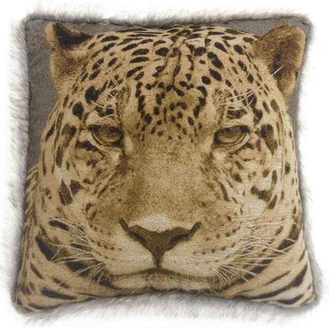 Fur Trim Edge Animal Cushion - 43cm x 43cm Cream Leopard