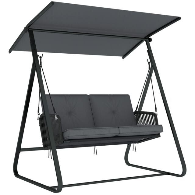 Outsunny 2-Seater Rattan Swing Chair, Outdoor Garden Hanging Swing Seat Grey Dark Grey L