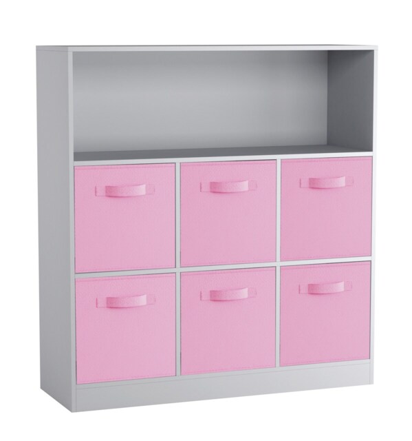 Wide 7-Cube Bookcase With Drawers Grey Grey & Light Pink 1