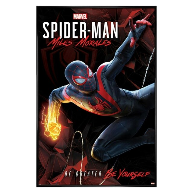 Gloss Black Framed Spider Man Miles Morales Cybernetic Swing Maxi Poster Multi