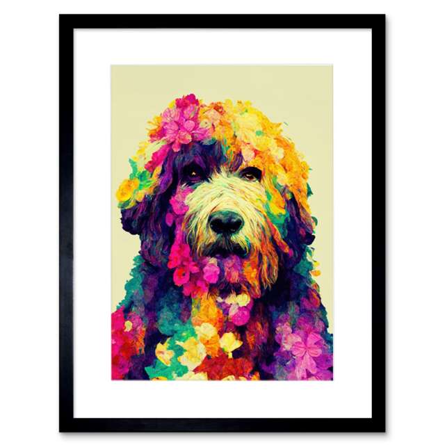 "Vibrant Floral Labradoodle Dog Lover Portrait Gift 9x7"" Black Framed Wall Art Print"