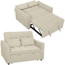 HOMCOM 2 Seater Sofa Bed, 3-in-1 Convertible Sleeper Sofa with Click-clack Adjustable Backrest and 2 Pillows, Pull Out Corn Velvet-feel Fabric Bed Settee for Living Room, Guest Room, Light Brown Cream