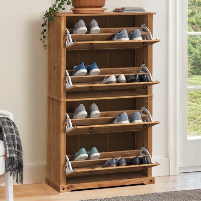 Corona 4 Shelf Shoe Rack Chest Solid Wood Mexican Pine Wooden Hallway Storage