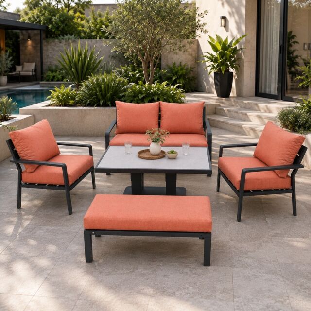 4 Seater 5 Piece Aluminium Garden Sofa Dining Set with Gas Lift Table, Ottoman Bench & Terracotta Cushions