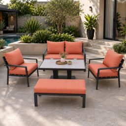 4 Seater 5 Piece Aluminium Garden Sofa Dining Set with Gas Lift Table, Ottoman Bench & Terracotta Cushions