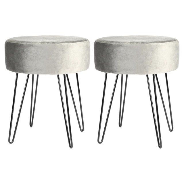 Harbour Housewares 2x Velvet Footstools - Round Modern Dressing Table Footstool Vanity Seat Chairs - 40 x 35cm - Grey/Black Grey Grey/Black Pack of 2 2