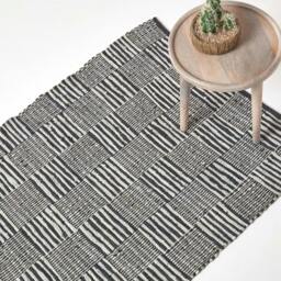 Homescapes Black & White Real Leather Handwoven Striped Block Check Rug - 150 x 240 cm Black Black