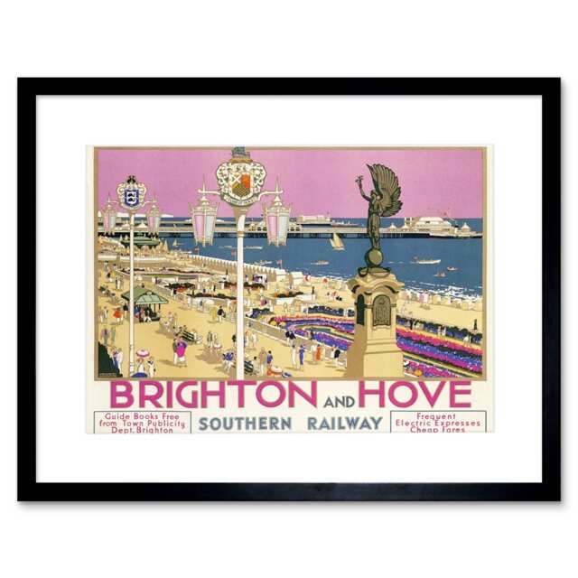 "Brighton Hove Sussex Beach Resort Vintage Travel Ad 9x7"" Black Framed Wall Art Print"