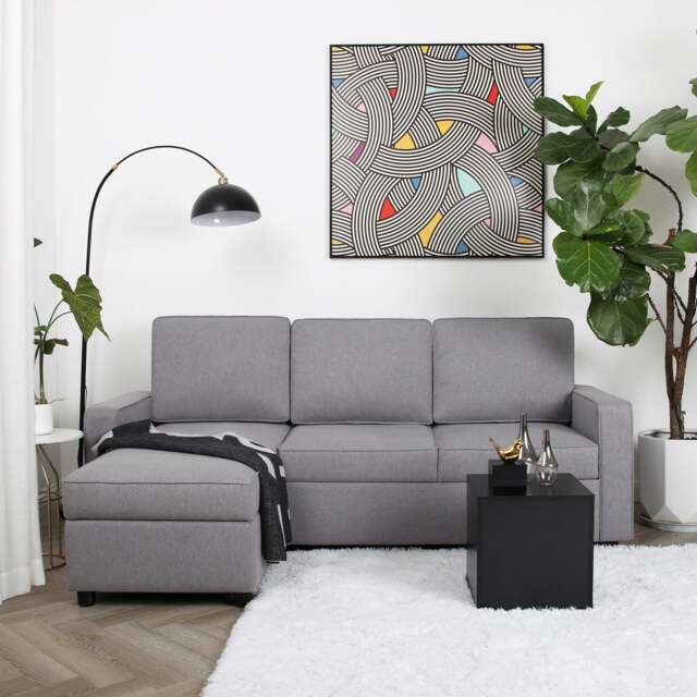 Selene - Corner Sofa Bed in Light Grey Linen - Pull-out Sofa