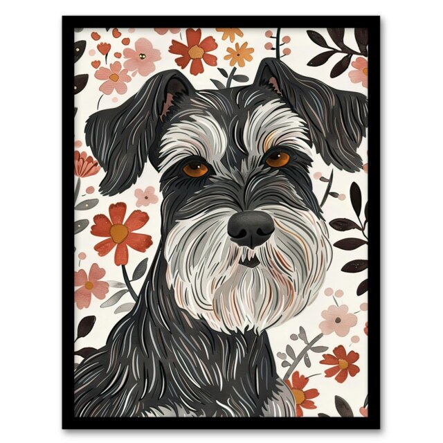 Miniature Schnauzer with Daisies Watercolour Black Framed Wall Art Print A4