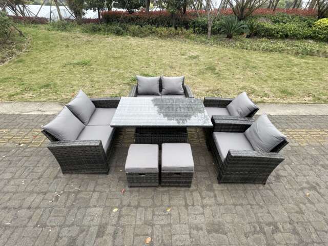 Fimous Rattan Outdoor Furniture Adjustable Rising Lifting Rectangle Dining Table Chairs Two Seater Love Sofa Sets Footstools 8 Seater
