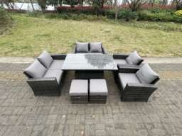 Fimous Rattan Outdoor Furniture Adjustable Rising Lifting Rectangle Dining Table Chairs Two Seater Love Sofa Sets Footstools 8 Seater