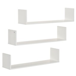 HOMCOM Set of 3 Wooden U-Shaped Floating Shelves Set, 80cm Wall Mounted Hanging Bookshelf, CD DVD Storage Display for Bedroom Living Room Kitchen, White