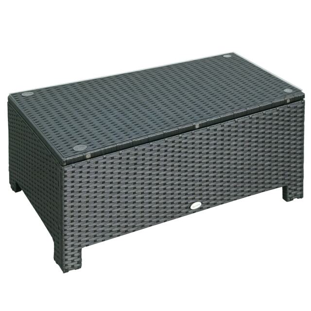 Outsunny Garden Rattan Side Table,Wicker Coffee Desk, Glass Top, Black